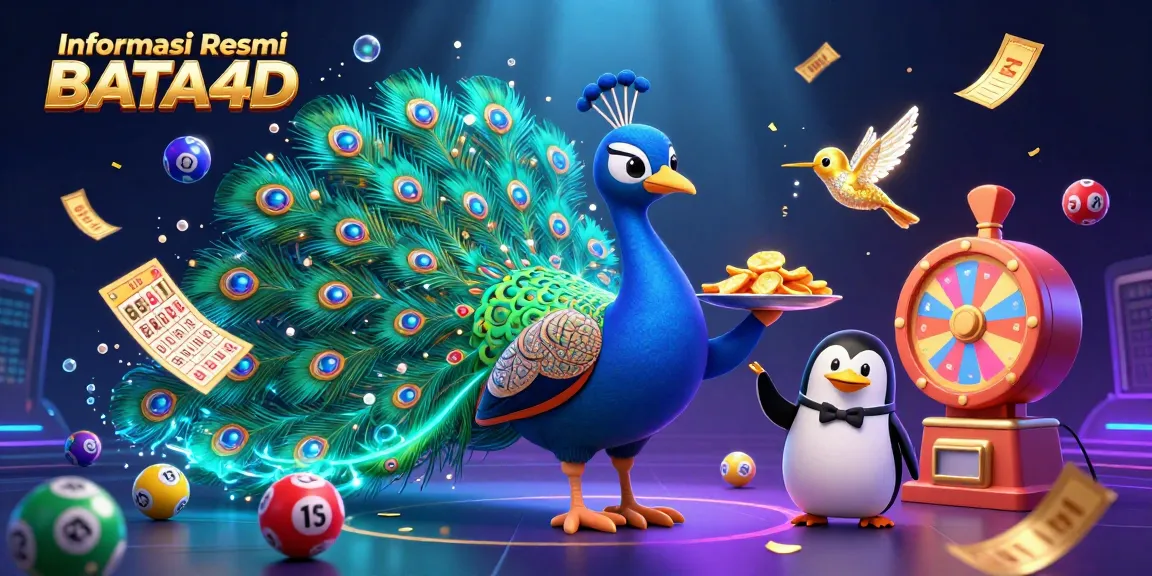 Engaging scene showcasing Informasi Resmi BATA4D with an aristocratic peacock, butler penguin, and hummingbird amid dynamic lottery elements.